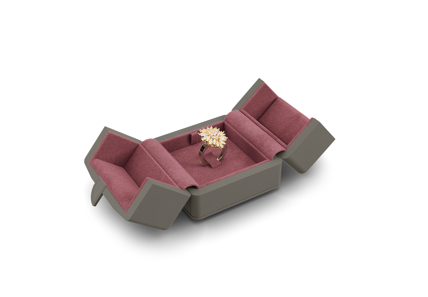 Ring-Etui mit Ringzunge offen in Grau und Pink.