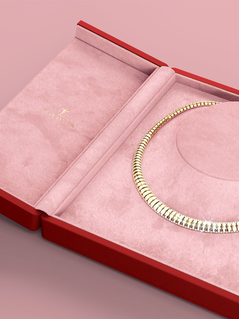 Fleur de Luxe Etui pour collier en cuir véritable rouge avec intérieur rose et gaufrage à la feuille d'or