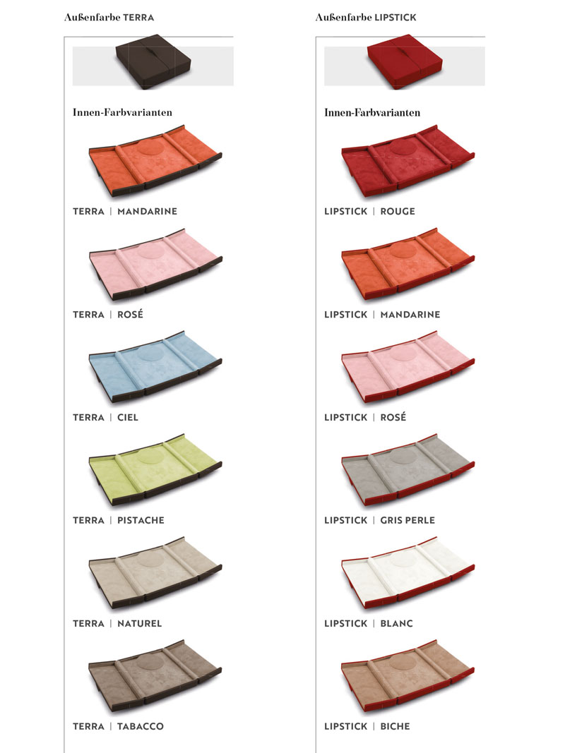Aperçu des couleurs de l'intérieur en cuir des écrins à bijoux Fleur de Luxe Terra et Lipstick red