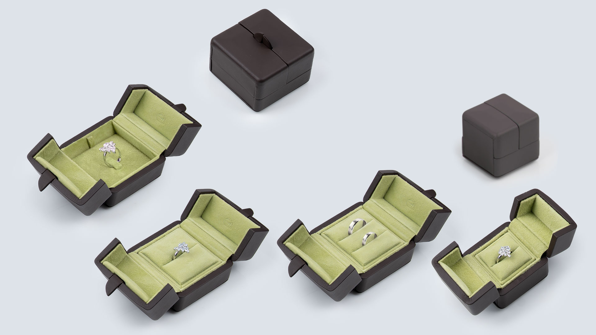 Fleur de Luxe Echtleder Etui-Serie Terra-Pistache mit 4 geöffneten Ringetuis und 2 geschlossenen Etuis mit verschiedenen Ring-Einlagen