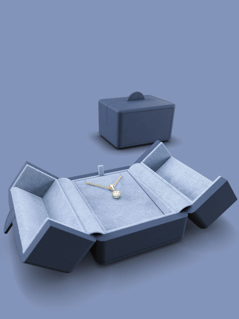 Fleur de Luxe écrin à bijoux ouvert en couleur Indigo, en arrière-plan un écrin fermé